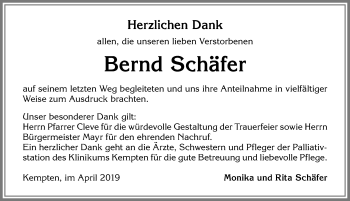 Traueranzeige von Bernd Schäfer von Allgäuer Zeitung,Kempten