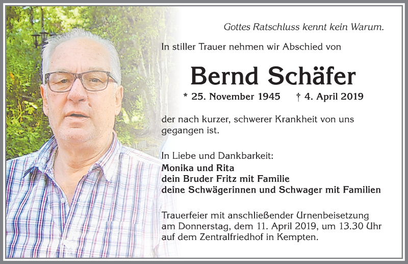  Traueranzeige für Bernd Schäfer vom 06.04.2019 aus Allgäuer Zeitung,Kempten