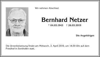 Traueranzeige von Bernhard Netzer von Allgäuer Anzeigeblatt