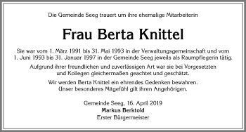Traueranzeige von Berta Knittel von Allgäuer Zeitung, Füssen