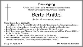 Traueranzeige von Berta Knittel von Allgäuer Zeitung, Füssen