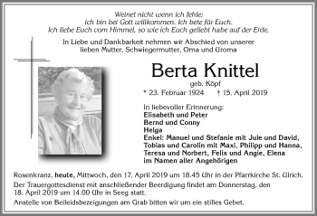 Traueranzeige von Berta Knittel von Allgäuer Zeitung, Füssen