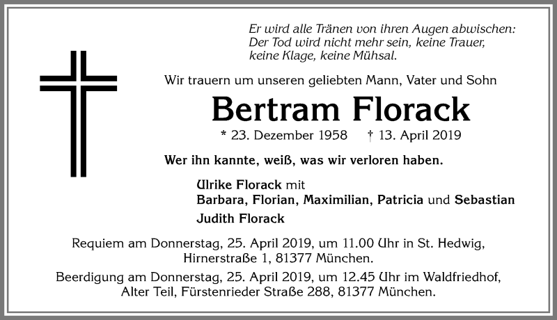  Traueranzeige für Bertram Florack vom 18.04.2019 aus Der Westallgäuer