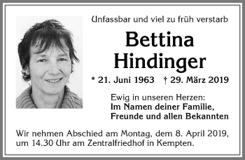 Traueranzeige von Bettina Hindinger von Allgäuer Zeitung,Kempten