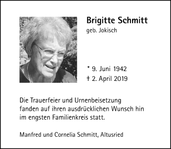 Traueranzeige von Brigitte Schmitt von Allgäuer Zeitung,Kempten