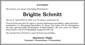 Traueranzeige von Brigitte Schmitt von Allgäuer Zeitung,Kempten