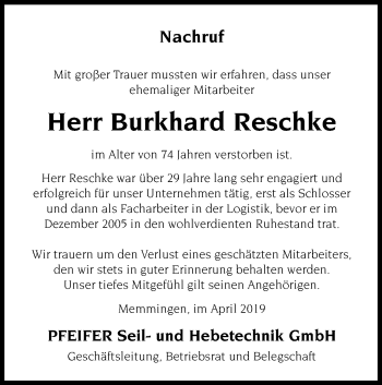 Traueranzeige von Burkhard Reschke von Memminger Zeitung