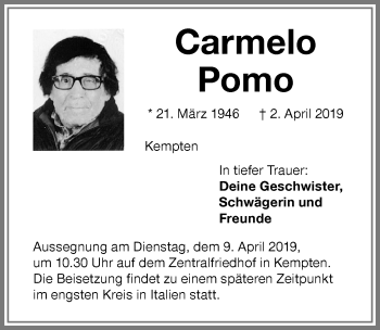 Traueranzeige von Carmelo Pomo von Allgäuer Zeitung,Kempten