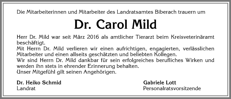  Traueranzeige für Carol Mild vom 11.04.2019 aus Allgäuer Zeitung,Kempten