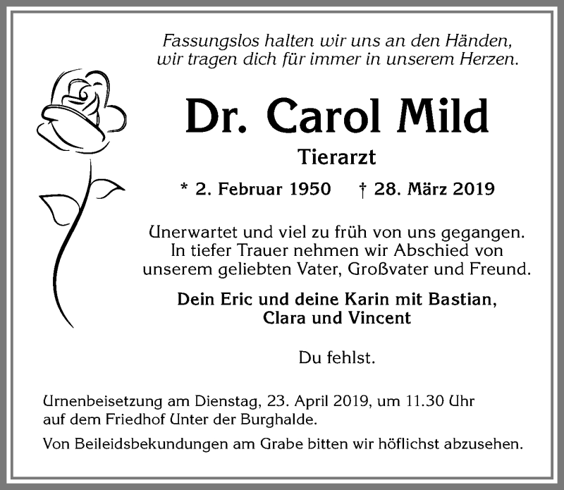  Traueranzeige für Carol Mild vom 06.04.2019 aus Allgäuer Zeitung,Kempten