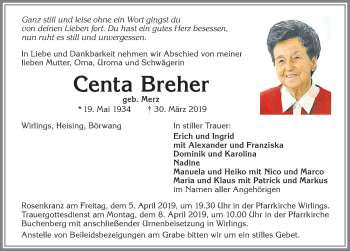 Traueranzeige von Centa Breher von Allgäuer Zeitung,Kempten