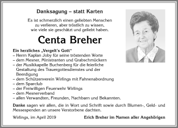 Traueranzeige von Centa Breher von Allgäuer Zeitung,Kempten