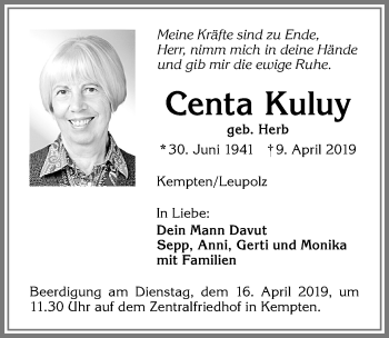 Traueranzeige von Centa Kuluy von Allgäuer Zeitung,Kempten