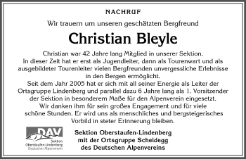Traueranzeige von Christian Bleyle von Der Westallgäuer