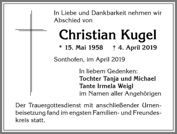 Traueranzeige von Christian Kugel von Allgäuer Anzeigeblatt