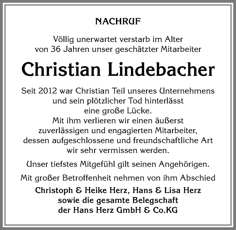  Traueranzeige für Christian Lindebacher vom 05.04.2019 aus Allgäuer Anzeigeblatt