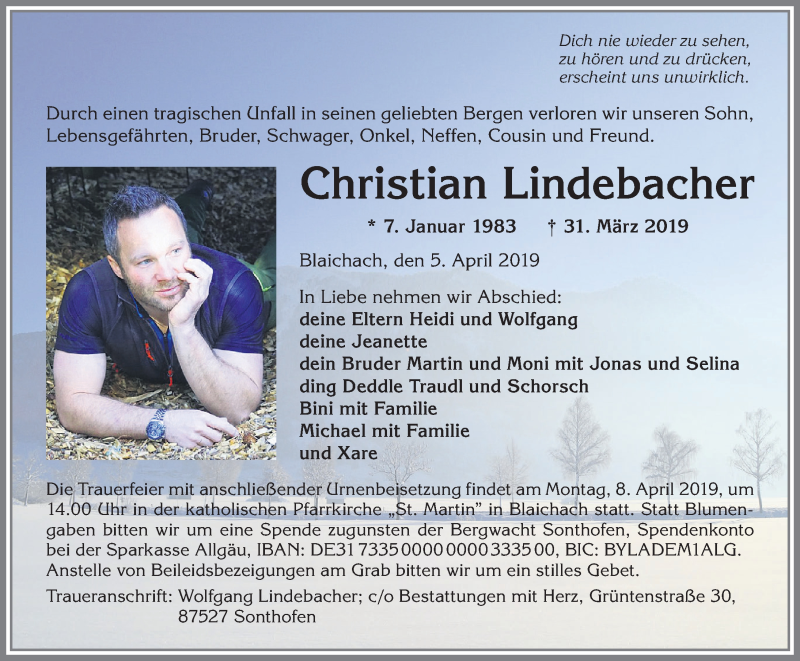  Traueranzeige für Christian Lindebacher vom 05.04.2019 aus Allgäuer Anzeigeblatt