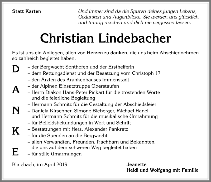  Traueranzeige für Christian Lindebacher vom 20.04.2019 aus Allgäuer Anzeigeblatt