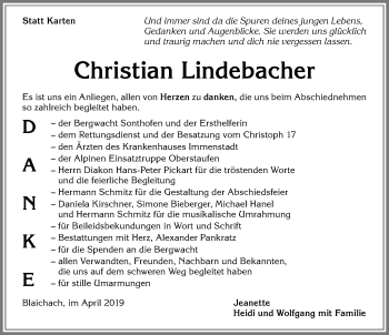 Traueranzeige von Christian Lindebacher von Allgäuer Anzeigeblatt