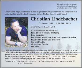 Traueranzeige von Christian Lindebacher von Allgäuer Anzeigeblatt