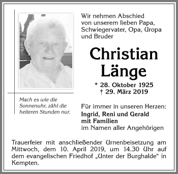 Traueranzeige von Christian Länge von Allgäuer Zeitung,Kempten