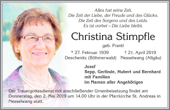 Traueranzeige von Christina Stimpfle von Allgäuer Zeitung, Füssen