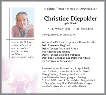Traueranzeige von Christine Diepolder von Allgäuer Zeitung, Marktoberdorf