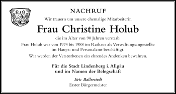 Traueranzeige von Christine Holub von Der Westallgäuer
