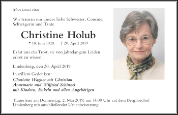 Traueranzeige von Christine Holub von Der Westallgäuer
