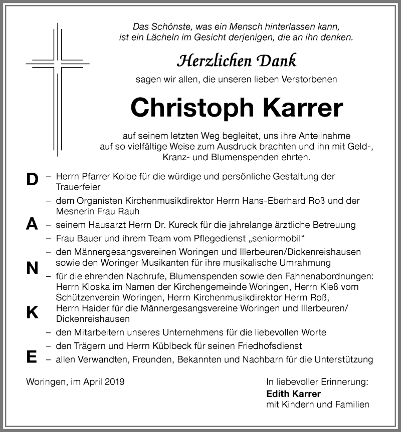  Traueranzeige für Christoph Karrer vom 13.04.2019 aus Memminger Zeitung