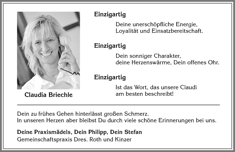  Traueranzeige für Claudia Briechle vom 05.04.2019 aus Allgäuer Zeitung,Kempten