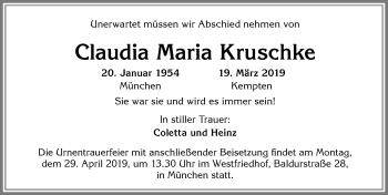 Traueranzeige von Claudia Maria Kruschke von Allgäuer Zeitung,Kempten