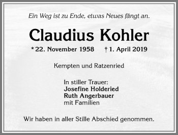 Traueranzeige von Claudius Kohler von Allgäuer Zeitung,Kempten