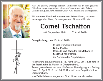 Traueranzeige von Cornel Tschaffon von Allgäuer Zeitung, Marktoberdorf