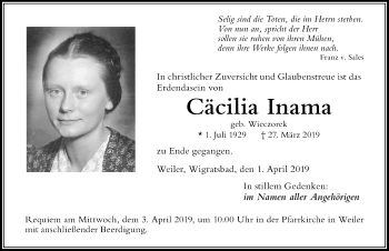 Traueranzeige von Cäcilia Inama von Der Westallgäuer