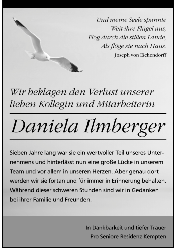 Traueranzeige von Daniela Ilmberger von Allgäuer Zeitung,Kempten