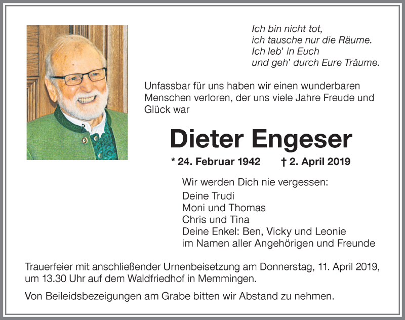  Traueranzeige für Dieter Engeser vom 05.04.2019 aus Memminger Zeitung