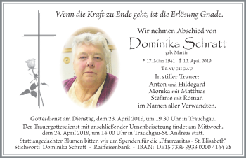 Traueranzeige von Dominika Schratt von Allgäuer Zeitung, Füssen