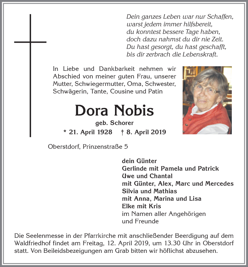  Traueranzeige für Dora Nobis vom 10.04.2019 aus Allgäuer Anzeigeblatt