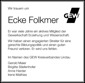 Traueranzeige von Ecke Folkmer von Der Westallgäuer