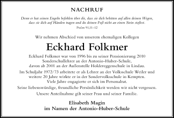 Traueranzeige von Eckhard Folkmer von Der Westallgäuer