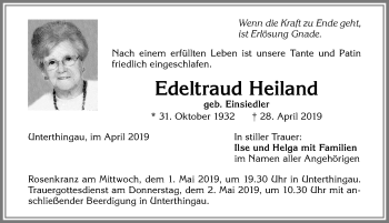 Traueranzeige von Edeltraud Heiland von Allgäuer Zeitung, Marktoberdorf