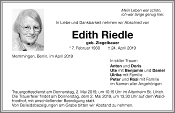 Traueranzeige von Edith Riedle von Memminger Zeitung