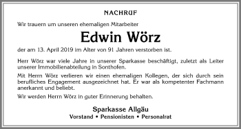Traueranzeige von Edwin Wörz von Allgäuer Anzeigeblatt