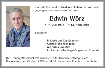 Traueranzeige von Edwin Wörz von Allgäuer Anzeigeblatt
