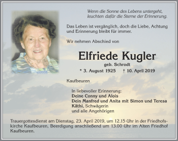 Traueranzeige von Elfriede Kugler von Allgäuer Zeitung, Kaufbeuren/Buchloe
