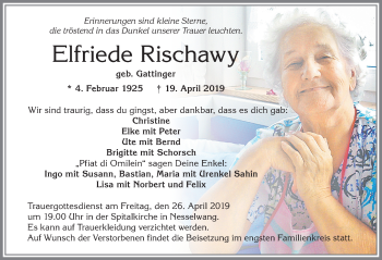 Traueranzeige von Elfriede Rischawy von Allgäuer Zeitung, Füssen