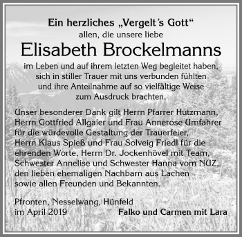 Traueranzeige von Elisabeth Brockelmanns von Allgäuer Zeitung, Füssen