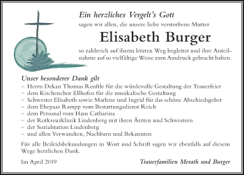 Traueranzeige von Elisabeth Burger von Der Westallgäuer
