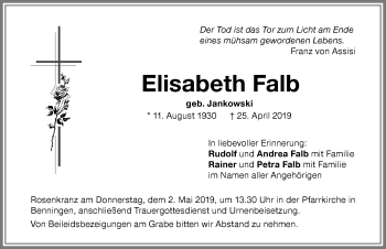 Traueranzeige von Elisabeth Falb von Memminger Zeitung